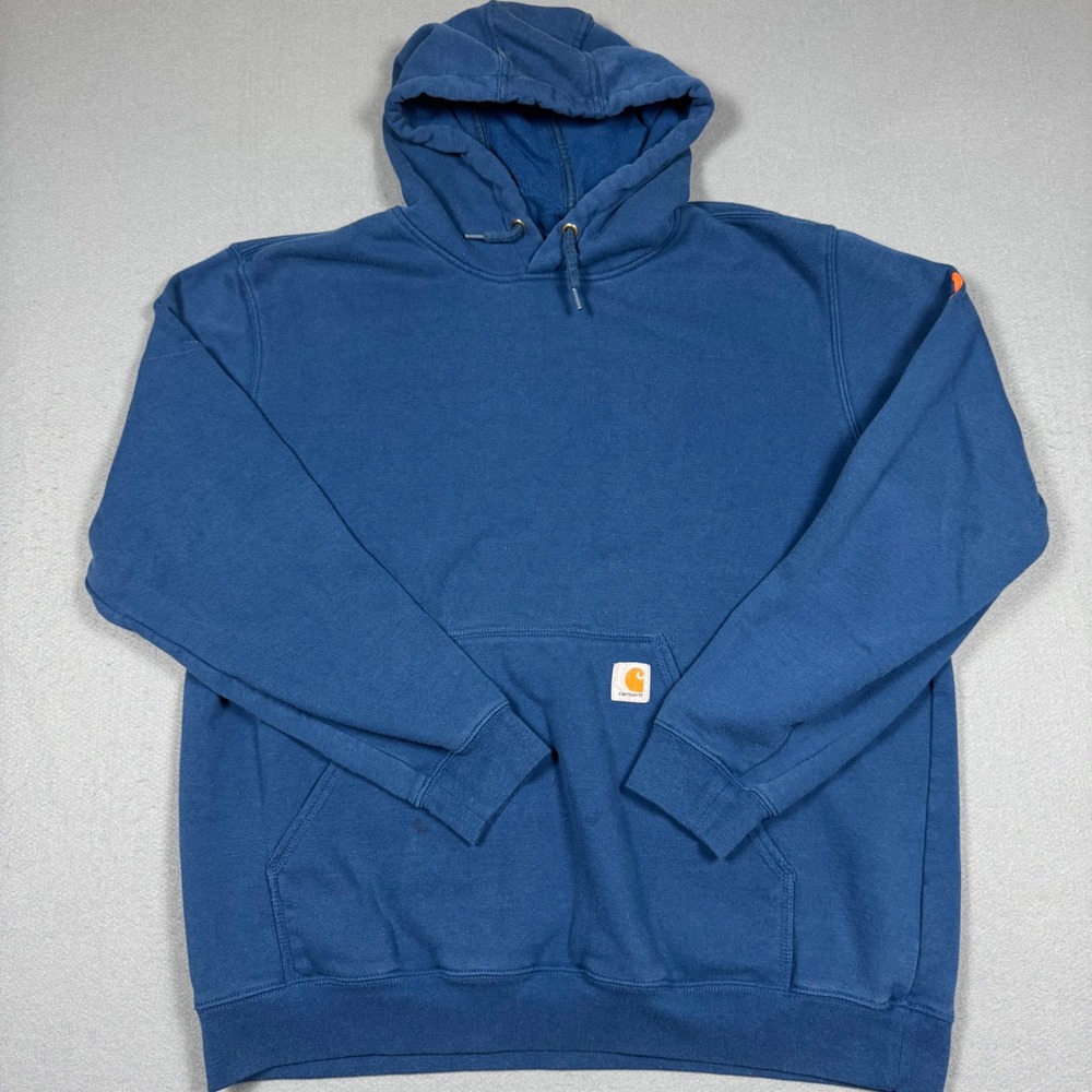 Carhartt Pullover Hoodie Mens XL Blue Graphic Sleeve Logo Original Fit Workwear